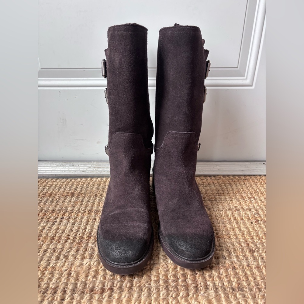 Zara Brown Combat Moto Suede Split Leather Buckled Calf High Ankle Boots - Picture 8 of 17